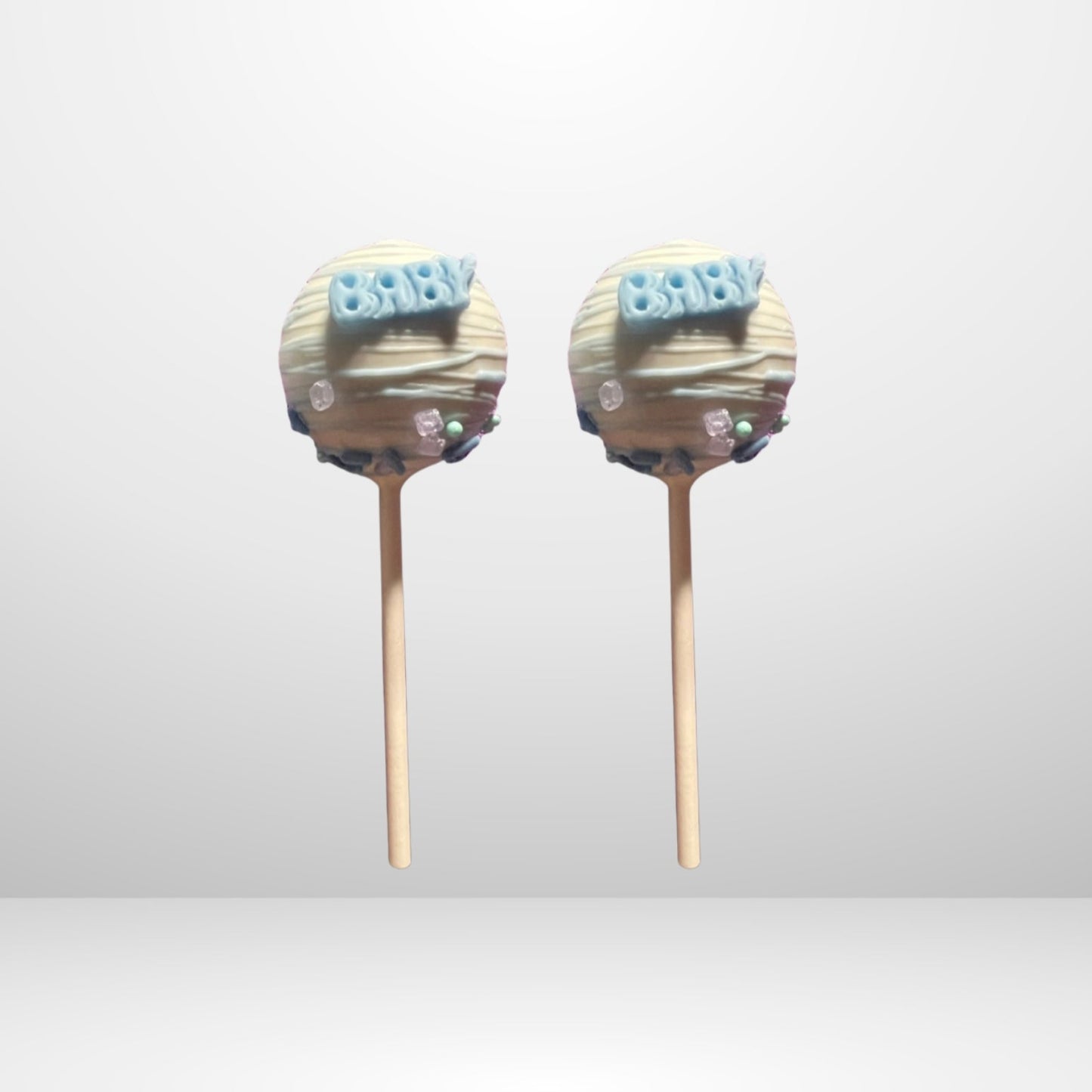 Baby Shower Cake Pops – White Chocolate Dipped with 'Baby' Topper